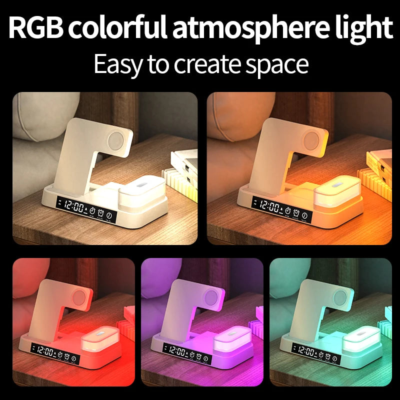 4 In 1 Wireless Fast Charger Station With RGB Alarm Clock