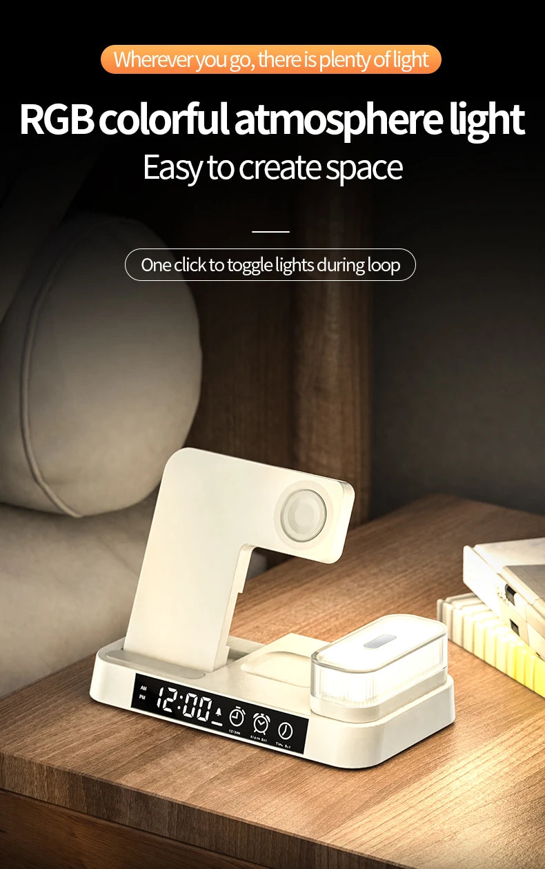 4 In 1 Wireless Fast Charger Station With RGB Alarm Clock