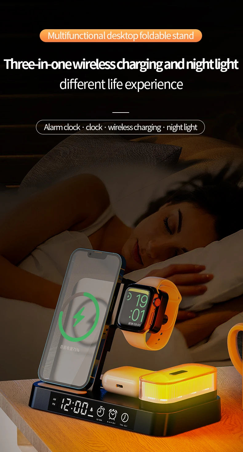4 In 1 Wireless Fast Charger Station With RGB Alarm Clock