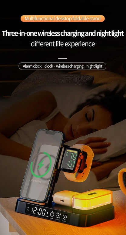 4 In 1 Wireless Fast Charger Station With RGB Alarm Clock