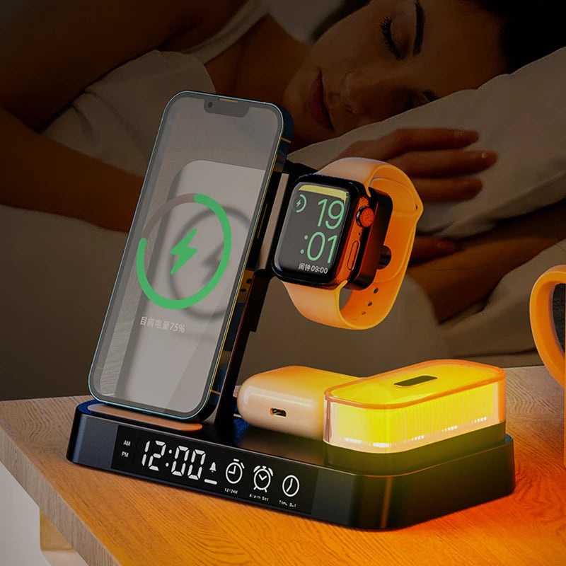 4 In 1 Wireless Fast Charger Station With RGB Alarm Clock
