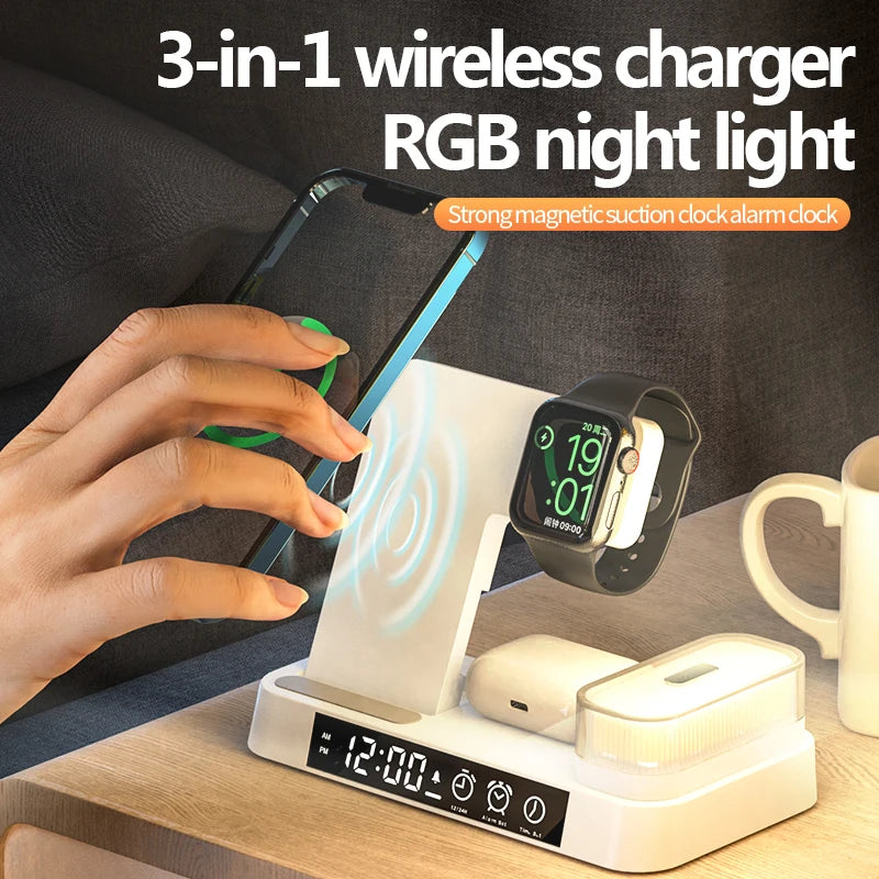 4 In 1 Wireless Fast Charger Station With RGB Alarm Clock