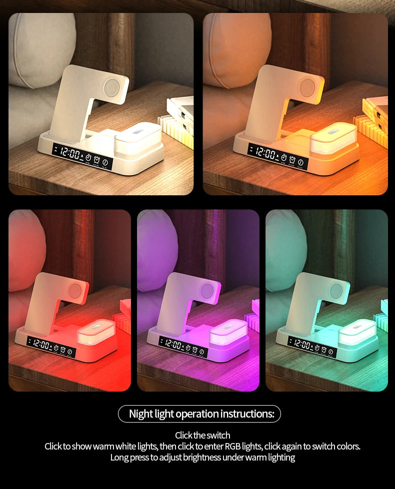 4 In 1 Wireless Fast Charger Station With RGB Alarm Clock