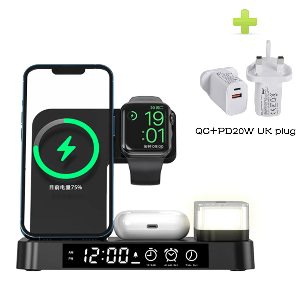 4 In 1 Wireless Fast Charger Station With RGB Alarm Clock