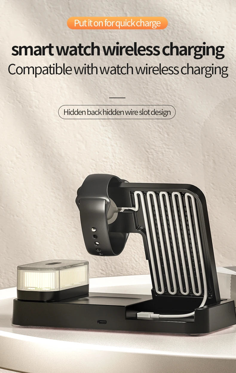4 In 1 Wireless Fast Charger Station With RGB Alarm Clock