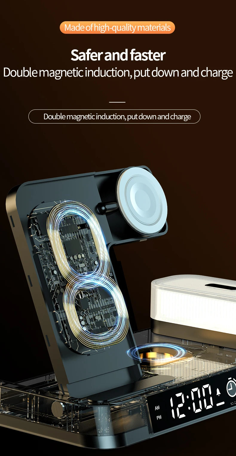 4 In 1 Wireless Fast Charger Station With RGB Alarm Clock