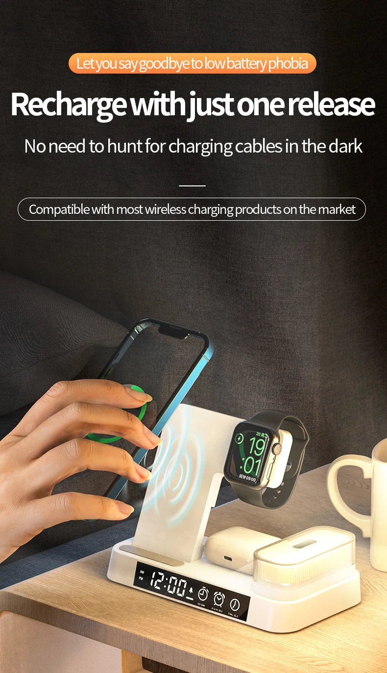4 In 1 Wireless Fast Charger Station With RGB Alarm Clock