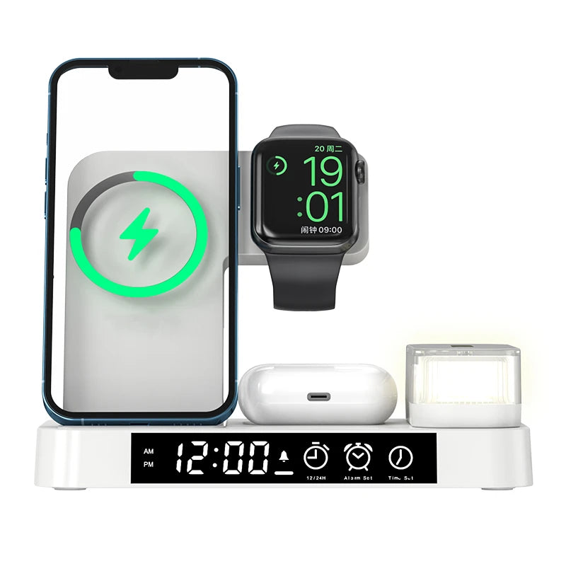 4 In 1 Wireless Fast Charger Station With RGB Alarm Clock