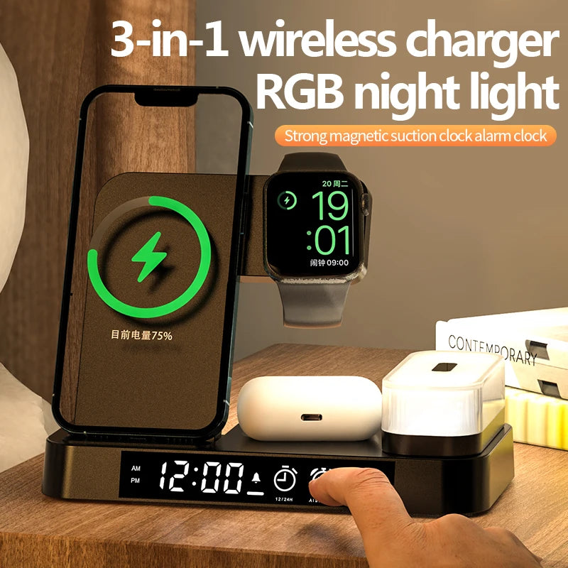 4 In 1 Wireless Fast Charger Station With RGB Alarm Clock