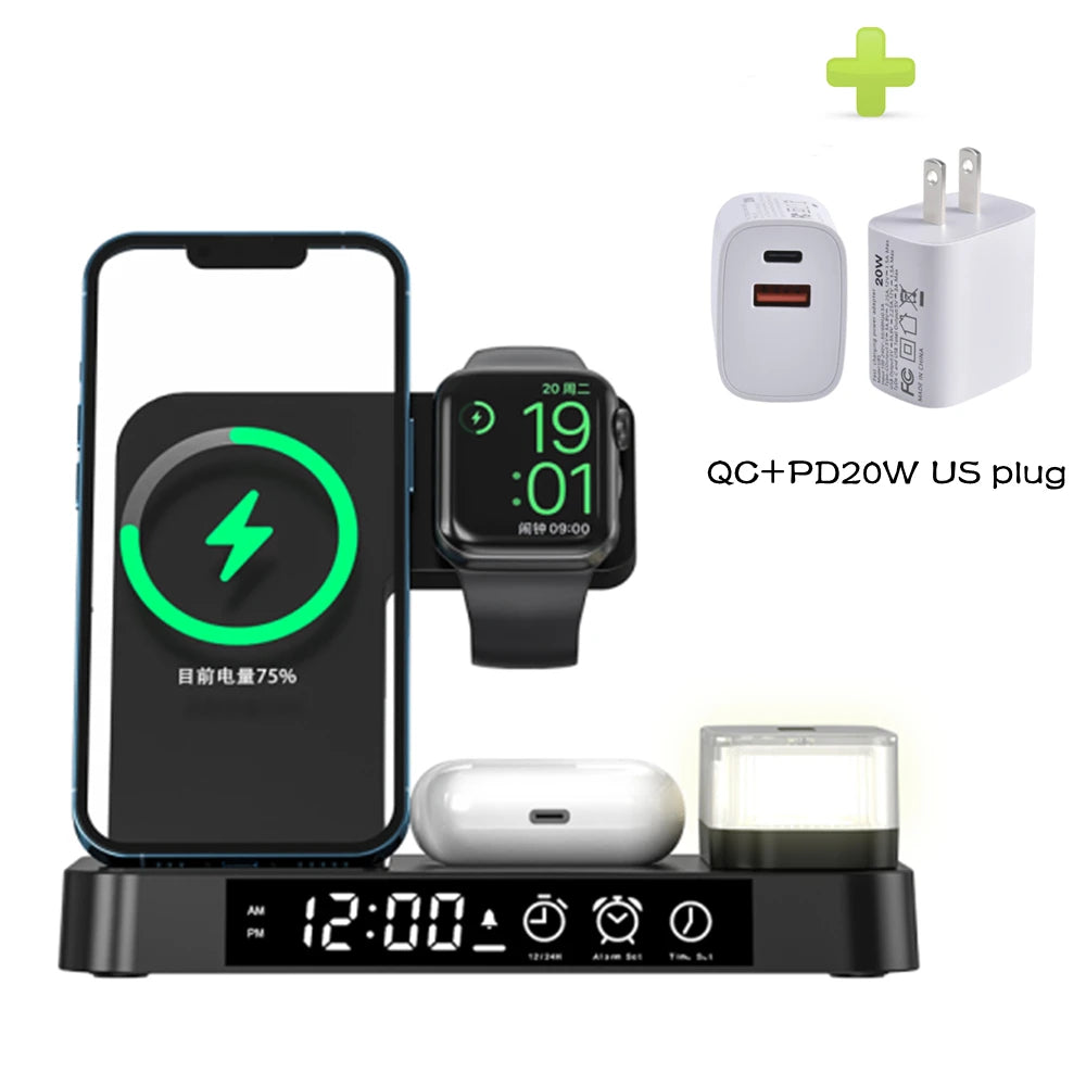 4 In 1 Wireless Fast Charger Station With RGB Alarm Clock