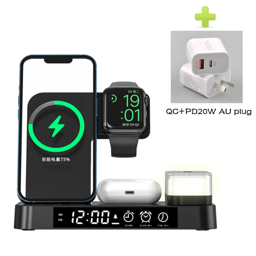 4 In 1 Wireless Fast Charger Station With RGB Alarm Clock