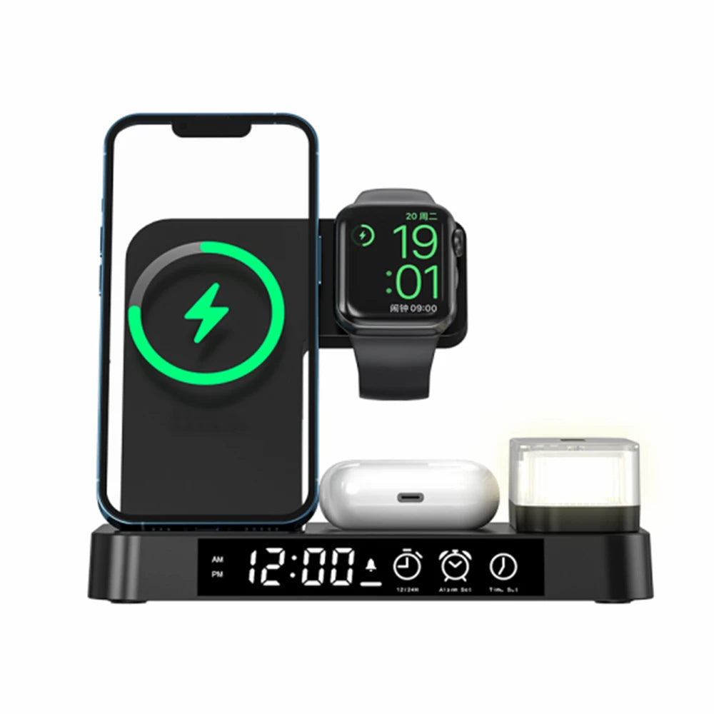4 In 1 Wireless Fast Charger Station With RGB Alarm Clock
