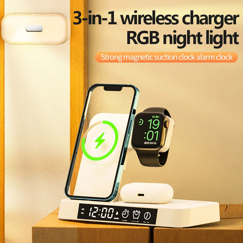 4 In 1 Wireless Fast Charger Station With RGB Alarm Clock