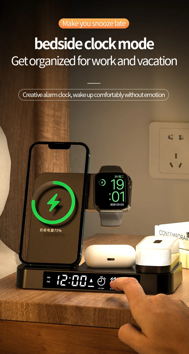 4 In 1 Wireless Fast Charger Station With RGB Alarm Clock